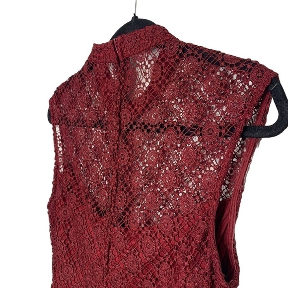 2/$30 BISOU Bisou Sleeveless High Neck Eyelet Lace Midi Dark Cherry Red Dress - Picture 8 of 11